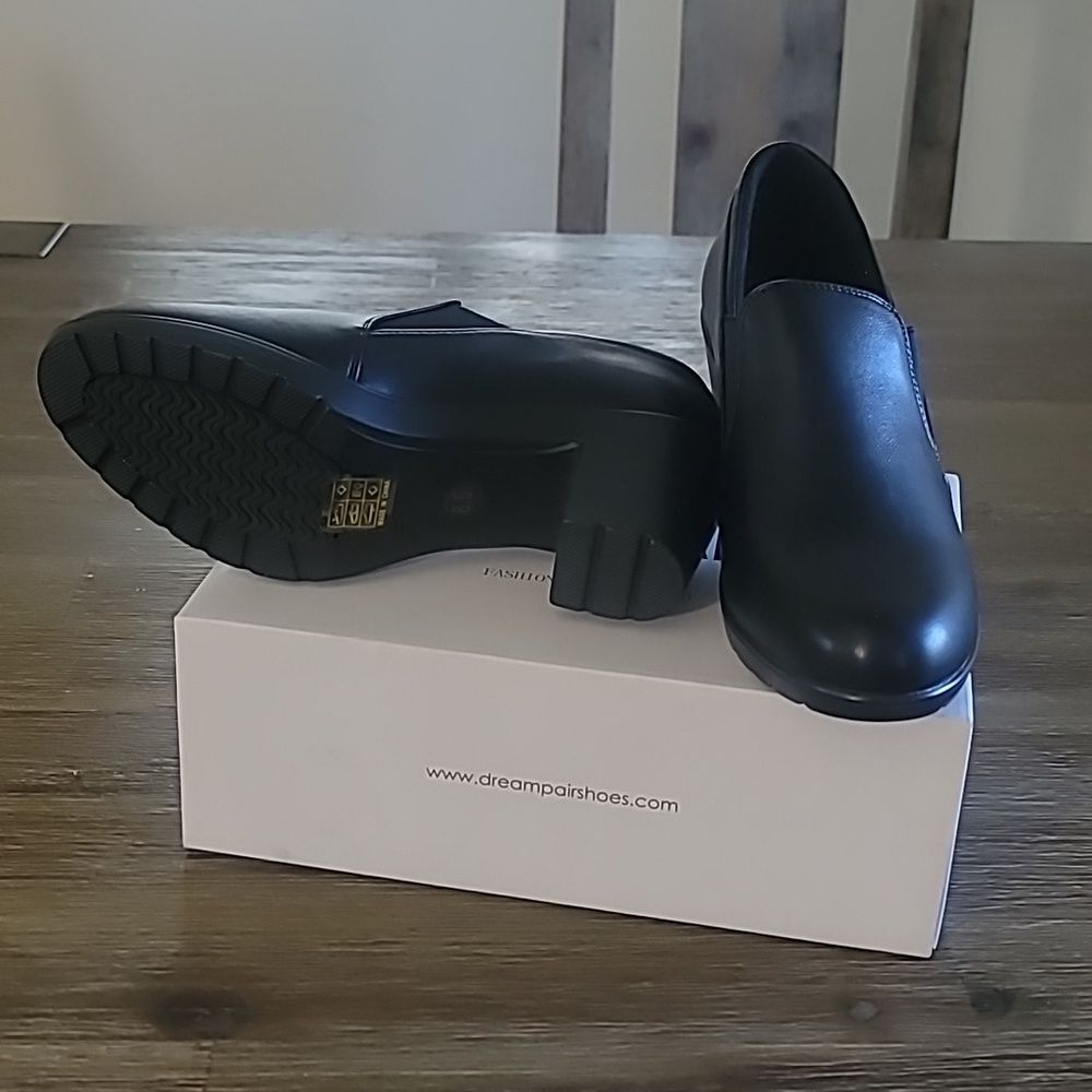 Dream Pairs Women's Black Chunky Slip-on Heel Pump Career Dress Shoe Sz 8.5